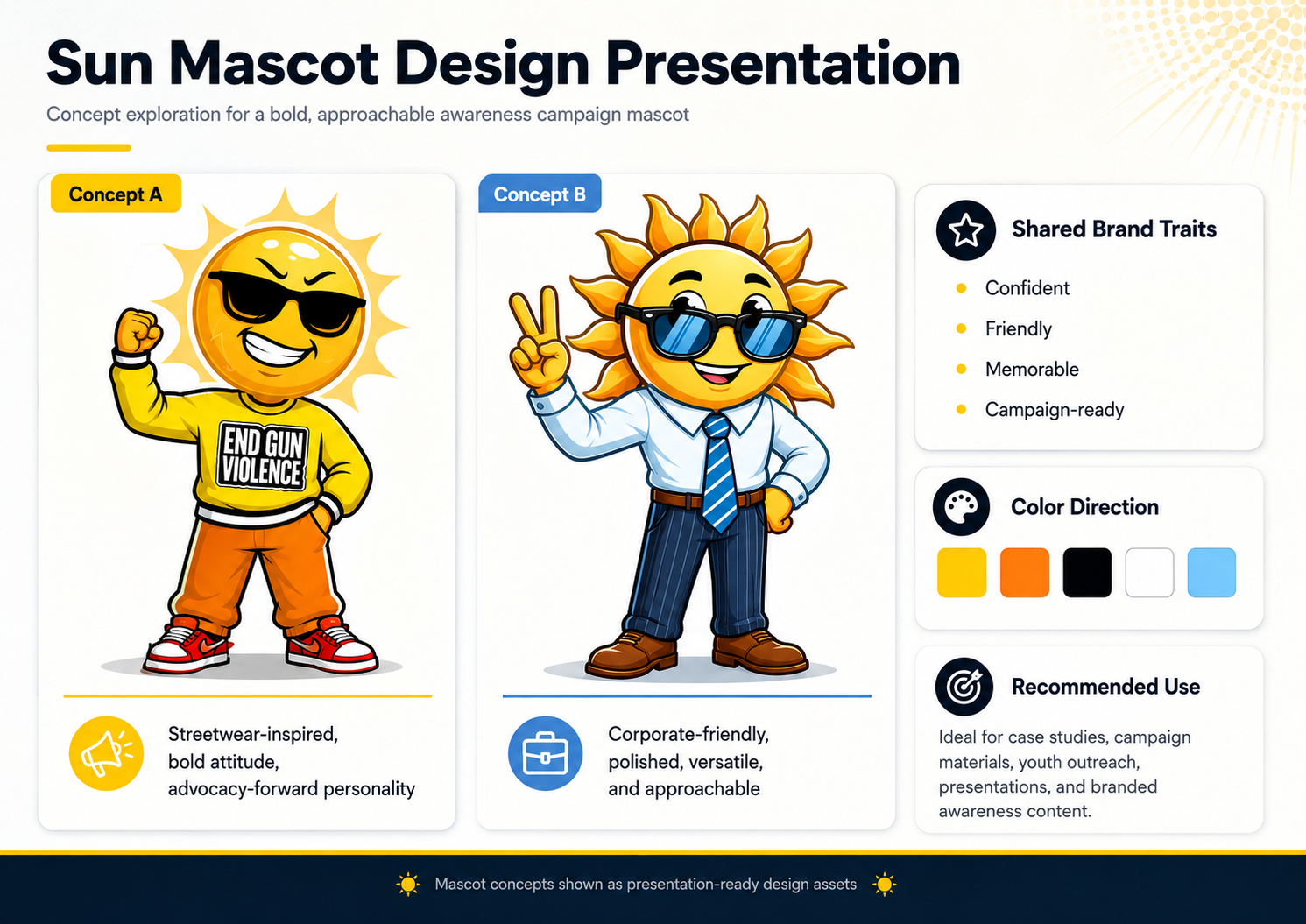 Two sun mascot design concepts shown side by side