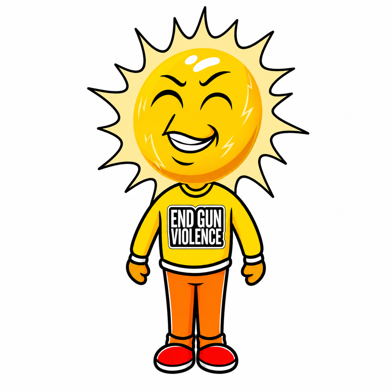 Mr. Sun, the custom mascot character built for Promise Neighborhoods of Lehigh Valley, a friendly sun-headed figure wearing an END GUN VIOLENCE sweater