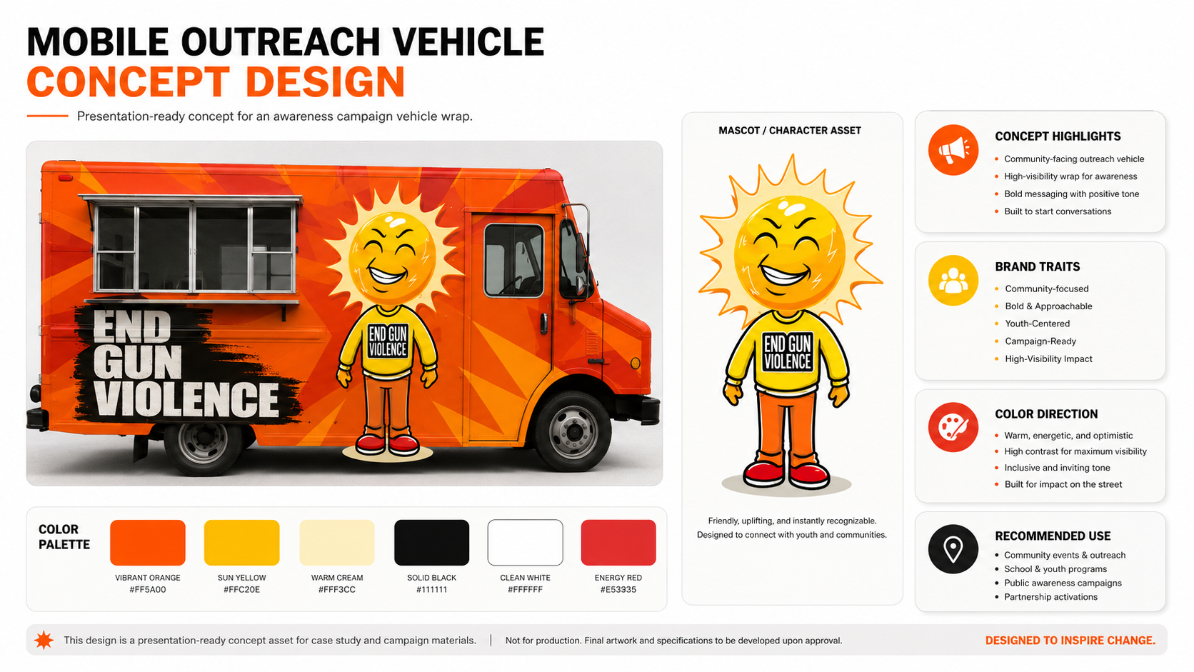 PNLV mobile outreach vehicle wrapped in orange with the Mr. Sun mascot and END GUN VIOLENCE messaging